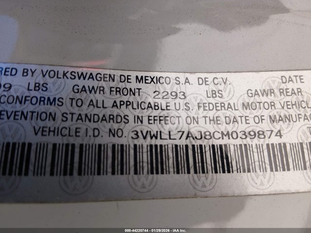 44220744 :رقم المزاد ، 3VWLL7AJ8CM039874 vin ، 2012 Volkswagen Jetta 2.0l Tdi مزاد بيع