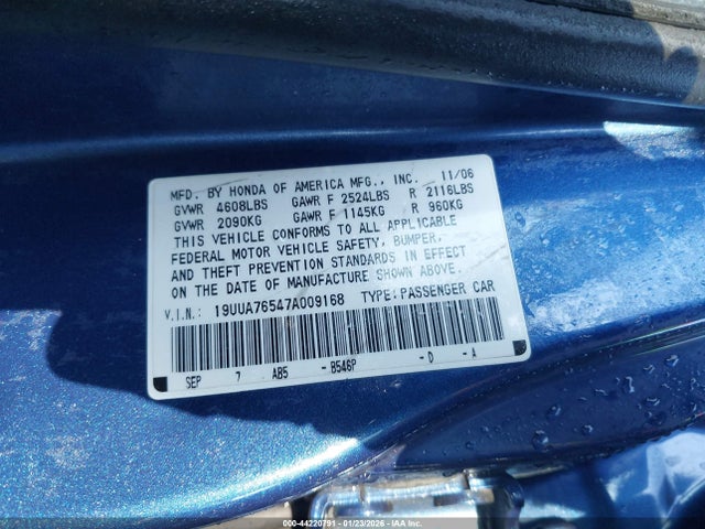Aukcja sprzedaży 2007 Acura Tl Type S, vin: 19UUA76547A009168, numer aukcji: 44220791