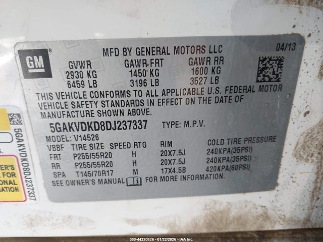 44220826 :رقم المزاد ، 5GAKVDKD8DJ237337 vin ، 2013 Buick Enclave Premium مزاد بيع