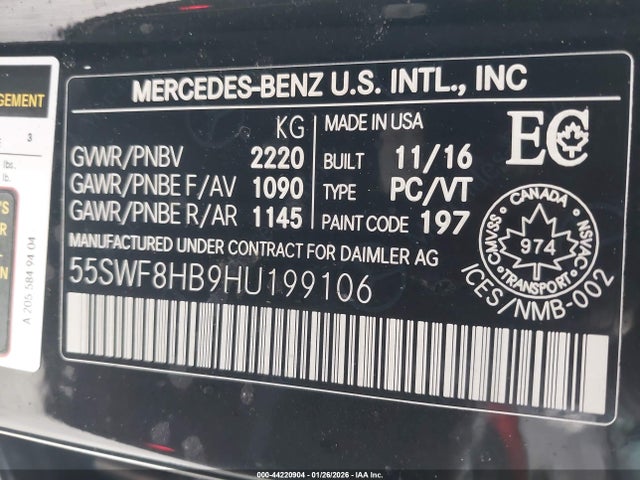Продаж на аукціоні авто 2017 Mercedes-benz Amg C 63 S, vin: 55SWF8HB9HU199106, номер лоту: 44220904
