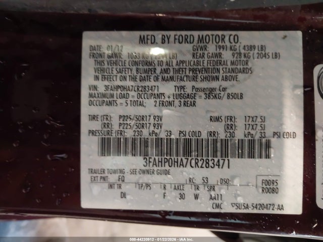 Aukcja sprzedaży 2012 Ford Fusion Se, vin: 3FAHP0HA7CR283471, numer aukcji: 44220912