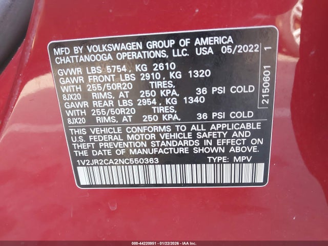 2022 Volkswagen Atlas 3.6l V6 Se W/technology მანქანა იყიდება აუქციონზე, vin: 1V2JR2CA2NC550363, აუქციონის ნომერი: 44220951