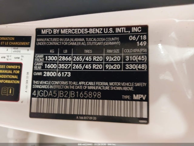 44220993 :رقم المزاد ، 4JGDA5JB2JB165898 vin ، 2018 Mercedes-benz Gle 350 مزاد بيع