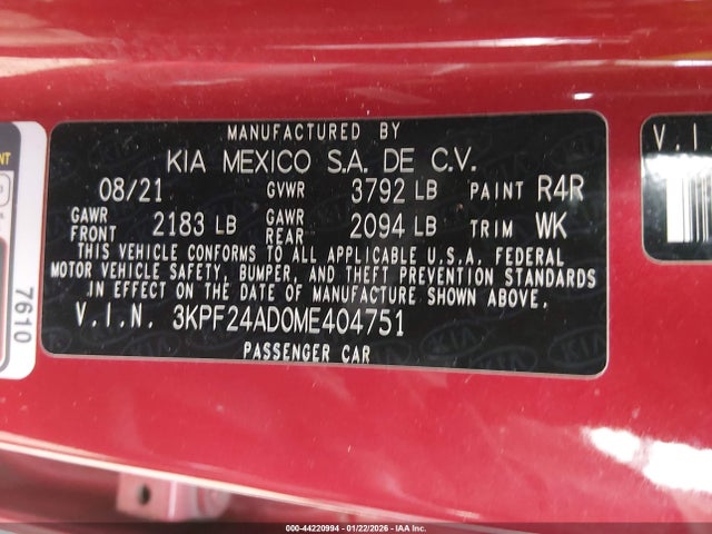 Продаж на аукціоні авто 2021 Kia Forte Lxs, vin: 3KPF24AD0ME404751, номер лоту: 44220994
