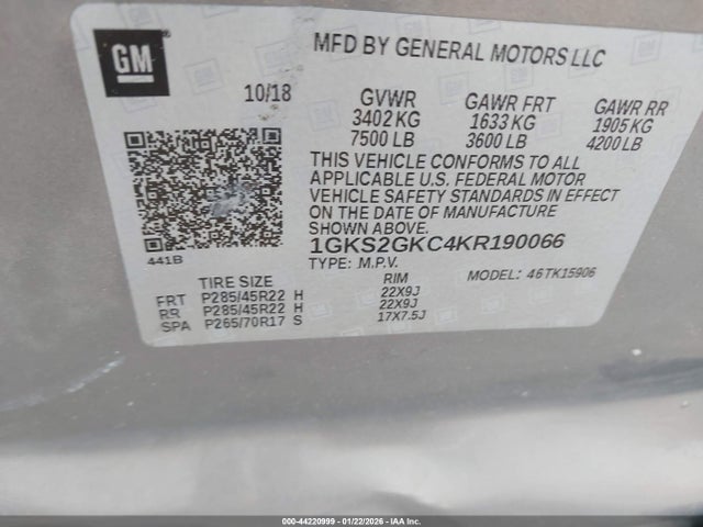 44220999 :رقم المزاد ، 1GKS2GKC4KR190066 vin ، 2019 Gmc Yukon Xl Slt مزاد بيع