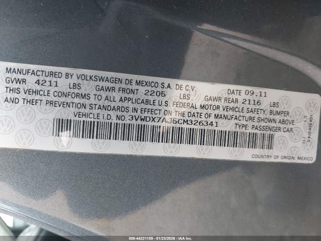 44221109 :رقم المزاد ، 3VWDX7AJ5CM326341 vin ، 2012 Volkswagen Jetta 2.5l Se مزاد بيع