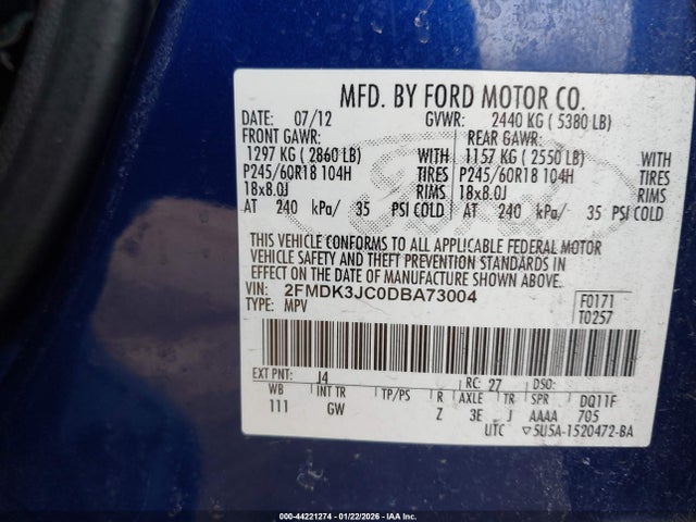 Продажа на аукционе авто 2013 Ford Edge Sel, vin: 2FMDK3JC0DBA73004, номер лота: 44221274