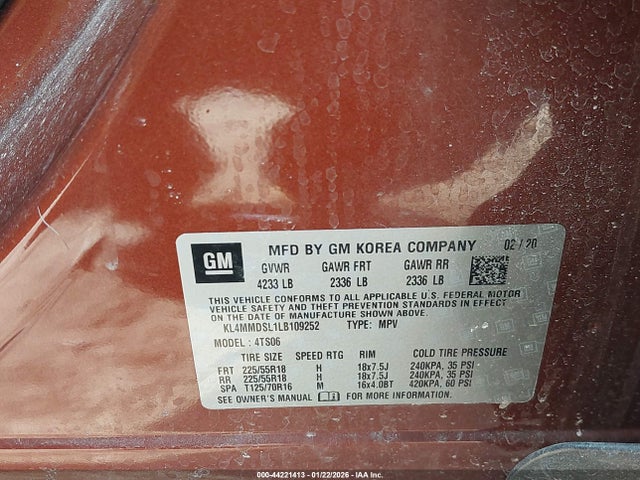 44221413 :رقم المزاد ، KL4MMDSL1LB109252 vin ، 2020 Buick Encore Gx Fwd Select مزاد بيع