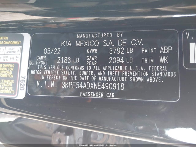 3KPF54ADXNE490918 KIA Forte Gt-line