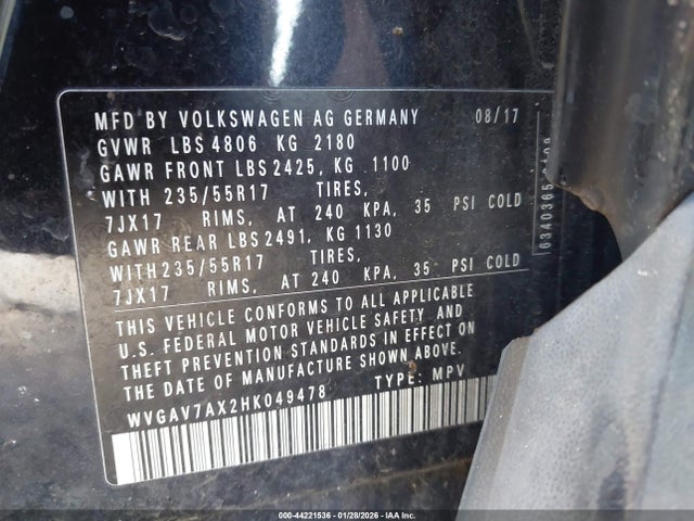 Продаж на аукціоні авто 2017 Volkswagen Tiguan 2.0t/2.0t S, vin: WVGAV7AX2HK049478, номер лоту: 44221536