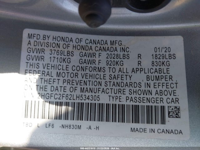Honda Civic Lx 2020 2HGFC2F62LH534305 Image 9