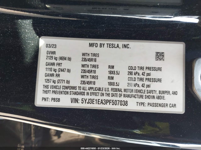 Продаж на аукціоні авто 2023 Tesla Model 3 Rear-wheel Drive, vin: 5YJ3E1EA3PF507038, номер лоту: 44221650
