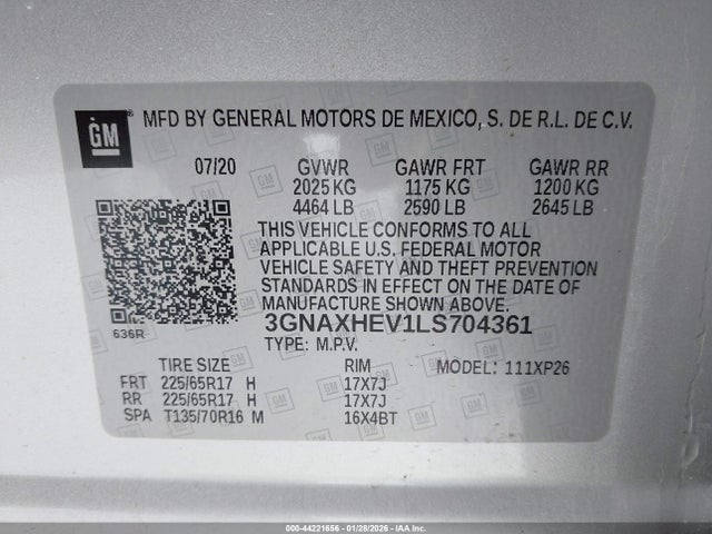 2020 Chevrolet Equinox Fwd Ls მანქანა იყიდება აუქციონზე, vin: 3GNAXHEV1LS704361, აუქციონის ნომერი: 44221656