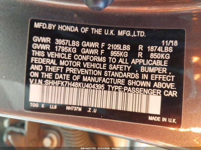 SHHFK7H48KU404395 Honda Civic Sport
