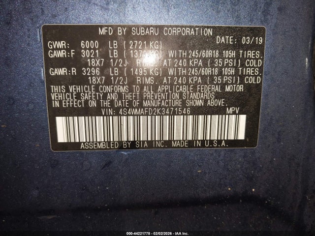 4S4WMAFD2K3471546 Subaru Ascent Premium
