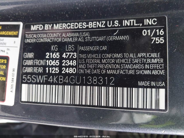 44221819 :رقم المزاد ، 55SWF4KB4GU138312 vin ، 2016 Mercedes-benz C 300 4matic مزاد بيع