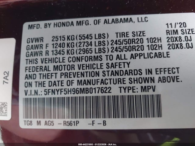 5FNYF5H96MB017622 Honda Pilot 2wd Touring 8 Passenger