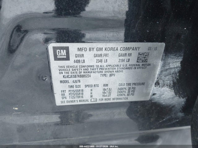 Продажа на аукционе авто 2019 Buick Encore Awd Preferred, vin: KL4CJESB7KB885224, номер лота: 44221985