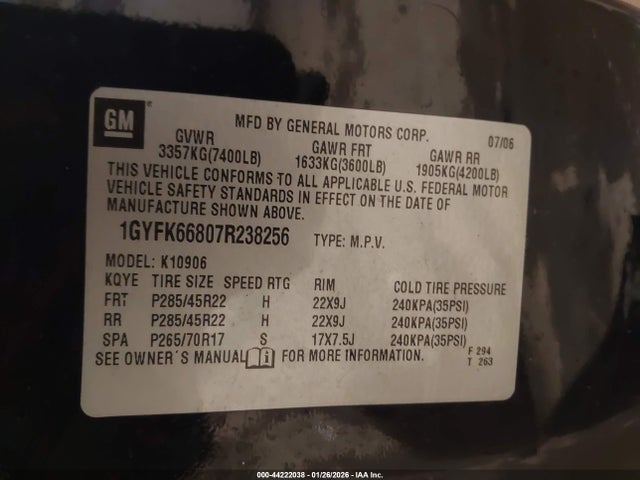 2007 CADILLAC ESCALADE ESV 1GYFK66807R238256 Photo 8