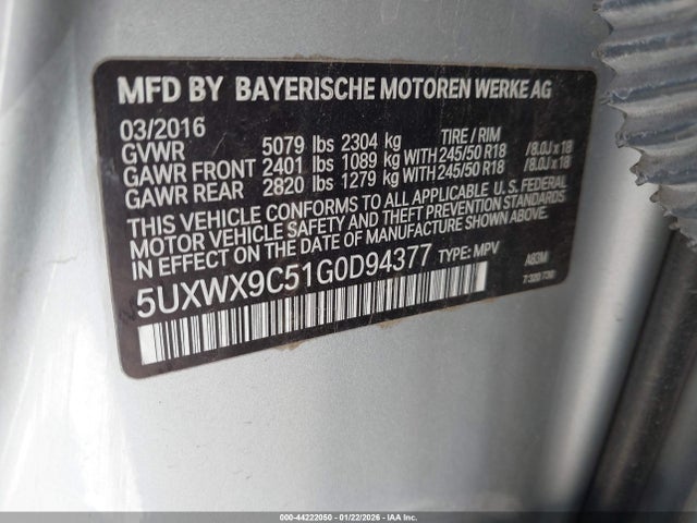 44222050 :رقم المزاد ، 5UXWX9C51G0D94377 vin ، 2016 Bmw X3 Xdrive28i مزاد بيع