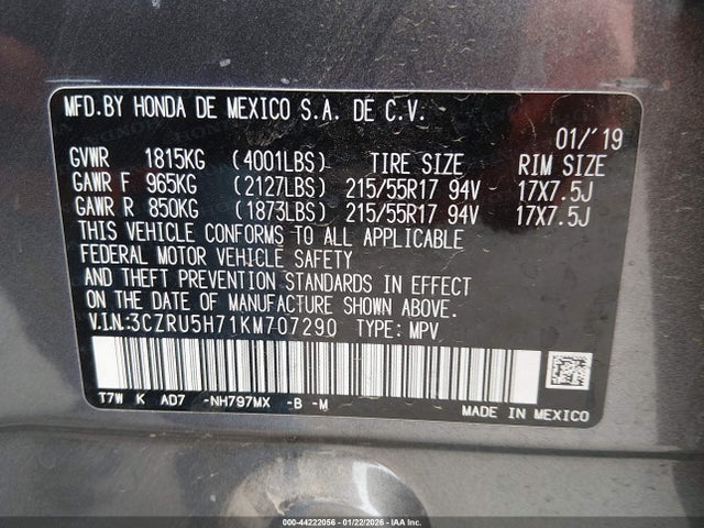 3CZRU5H71KM707290 Honda Hr-v Ex-l