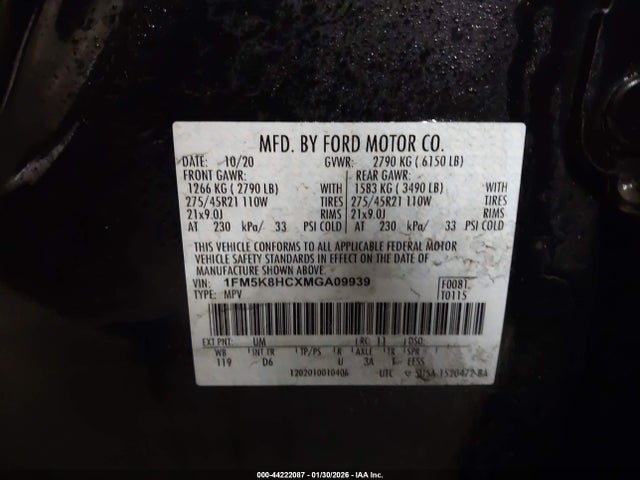 Auction sale of the 2021 Ford Explorer Platinum, vin: 1FM5K8HCXMGA09939, lot number: 44222087