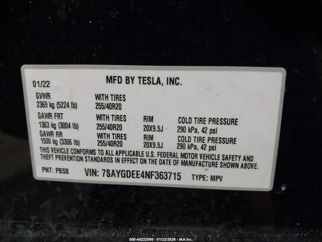 7SAYGDEE4NF363715 Tesla Model Y Long Range Dual Motor All-wheel Drive