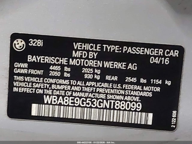 Продаж на аукціоні авто 2016 Bmw 328i, vin: WBA8E9G53GNT88099, номер лоту: 44222108