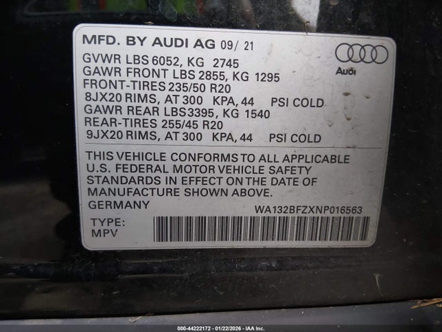 WA132BFZXNP016563 Audi Q4 Sportback E-tron Premium Plus 50 Quattro