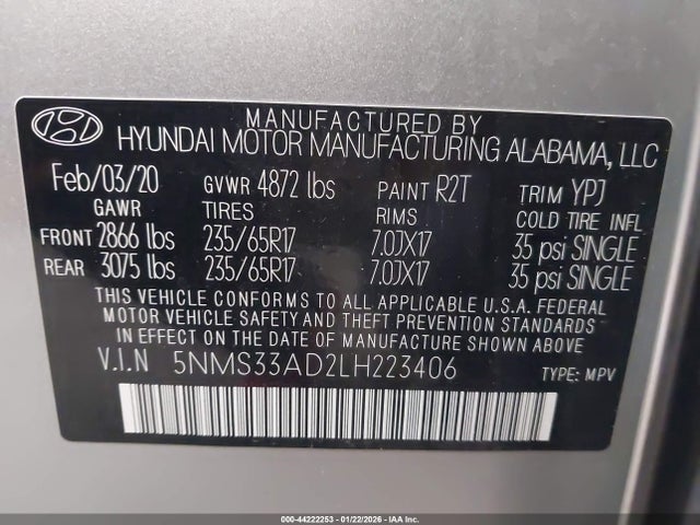 5NMS33AD2LH223406 Hyundai Santa Fe Sel