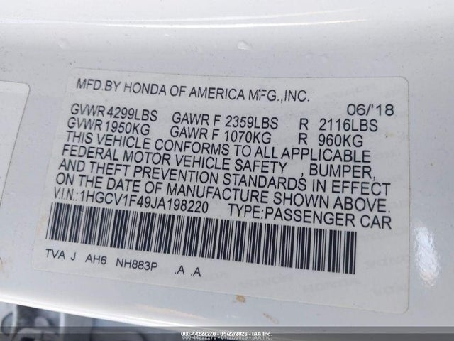 1HGCV1F49JA198220 Honda ACCORD EX
