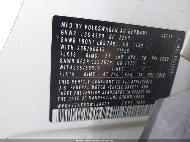 WVGBV7AX6GW586401 Volkswagen Tiguan R-line/s/se/sel