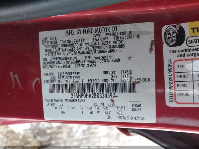 44222290 :رقم المزاد ، 3FAHP0HA2BR334597 vin ، 2011 Ford Fusion Se مزاد بيع