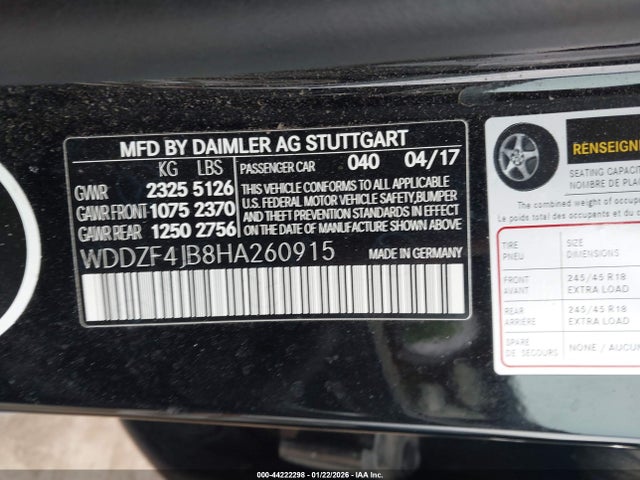 2017 Mercedes-benz E 300 მანქანა იყიდება აუქციონზე, vin: WDDZF4JB8HA260915, აუქციონის ნომერი: 44222298