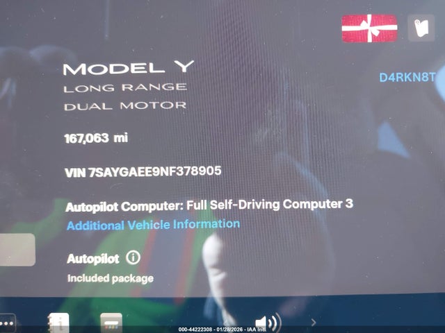 44222308 :رقم المزاد ، 7SAYGAEE9NF378905 vin ، 2022 Tesla Model Y Long Range Dual Motor All-wheel Drive مزاد بيع