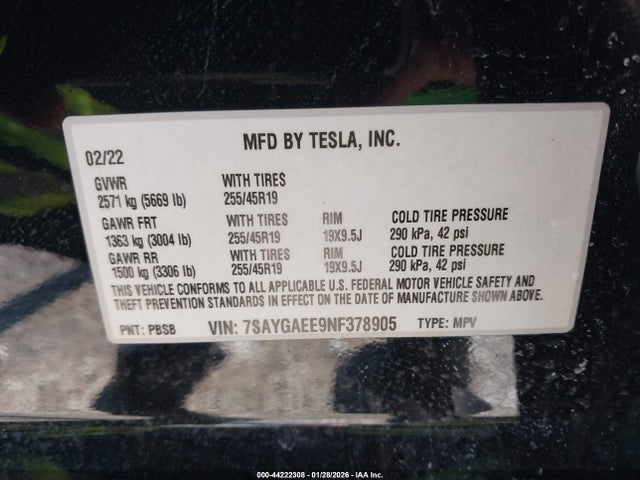 44222308 :رقم المزاد ، 7SAYGAEE9NF378905 vin ، 2022 Tesla Model Y Long Range Dual Motor All-wheel Drive مزاد بيع