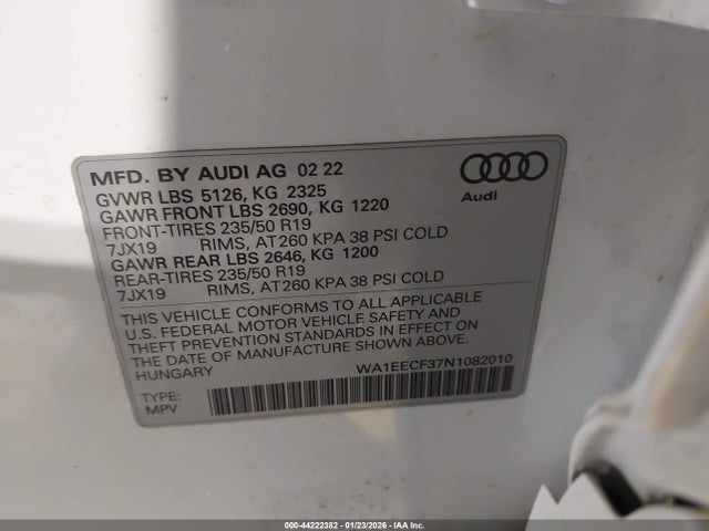 Продажа на аукционе авто 2022 Audi Q3 Premium Plus 45 Tfsi S Line Quattro Tiptronic, vin: WA1EECF37N1082010, номер лота: 44222382