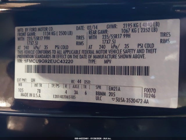 44222461 :رقم المزاد ، 1FMCU9G92EUC43220 vin ، 2014 Ford Escape Se مزاد بيع