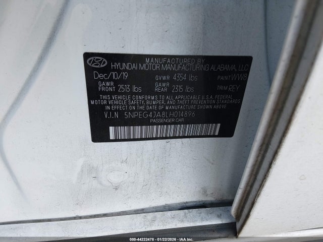 5NPEG4JA8LH014896 Hyundai SONATA SE