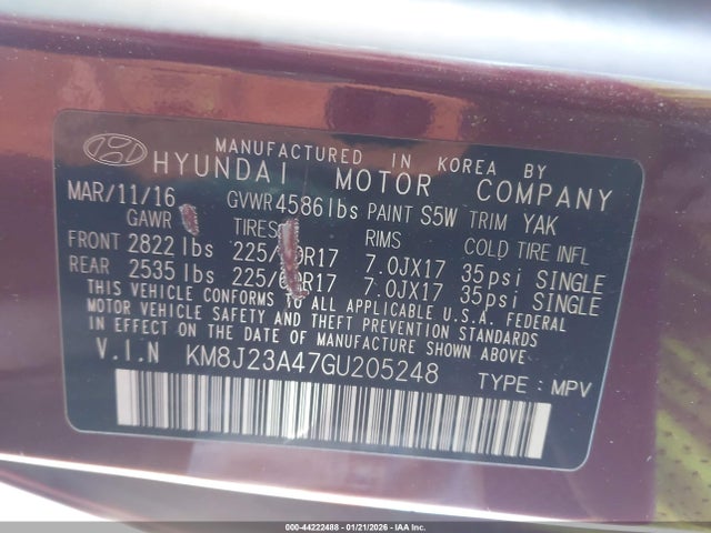 2016 Hyundai Tucson Se მანქანა იყიდება აუქციონზე, vin: KM8J23A47GU205248, აუქციონის ნომერი: 44222488