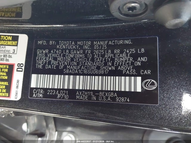 44222537 :رقم المزاد ، 58ADA1C16SU069817 vin ، 2025 Lexus Es 300h مزاد بيع