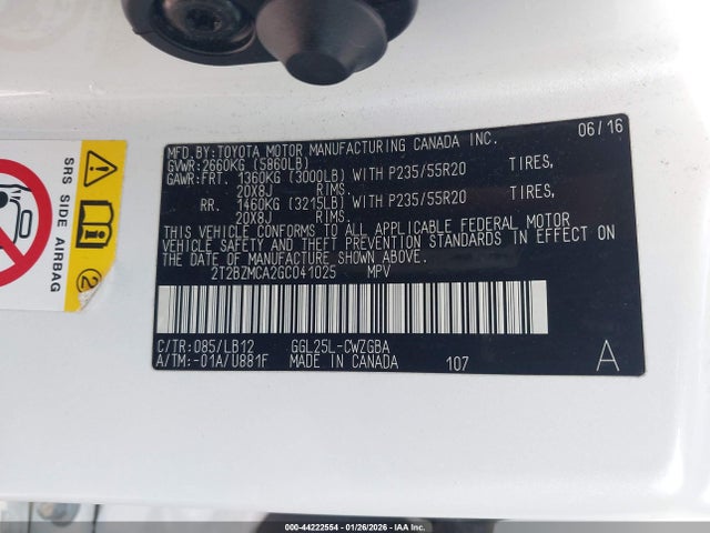 44222554 :رقم المزاد ، 2T2BZMCA2GC041025 vin ، 2016 Lexus Rx 350 مزاد بيع