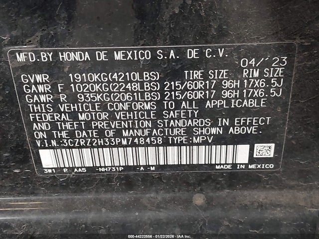3CZRZ2H33PM748458 Honda Hr-v Awd Lx