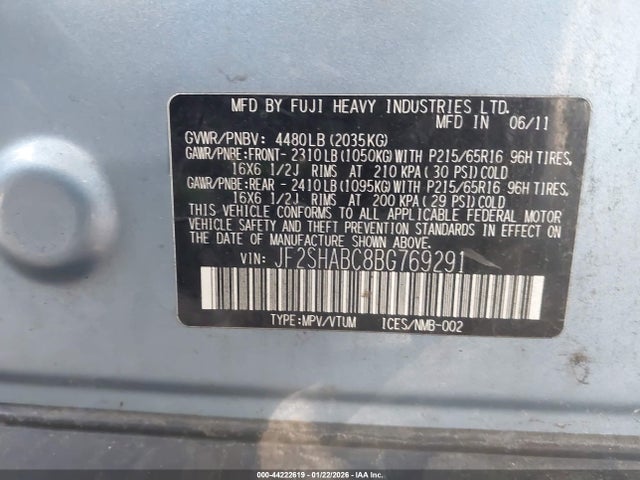 2011 Subaru Forester 2.5x მანქანა იყიდება აუქციონზე, vin: JF2SHABC8BG769291, აუქციონის ნომერი: 44222619