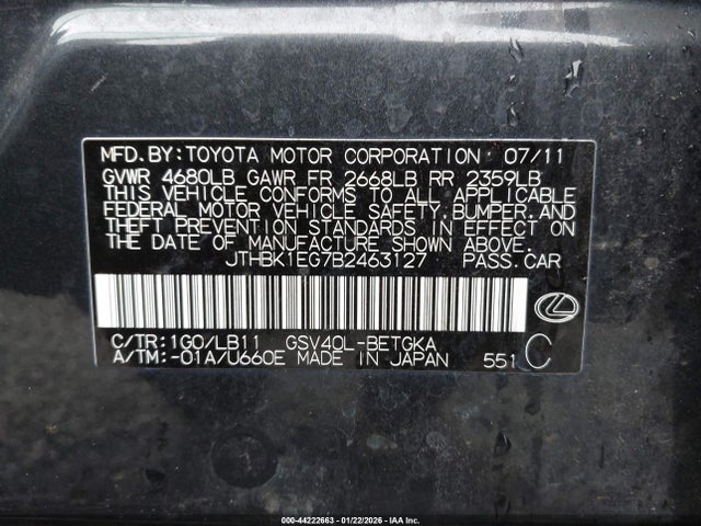Продаж на аукціоні авто 2011 Lexus Es 350, vin: JTHBK1EG7B2463127, номер лоту: 44222663