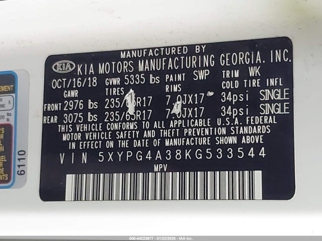 5XYPG4A38KG533544 KIA Sorento 2.4l Lx