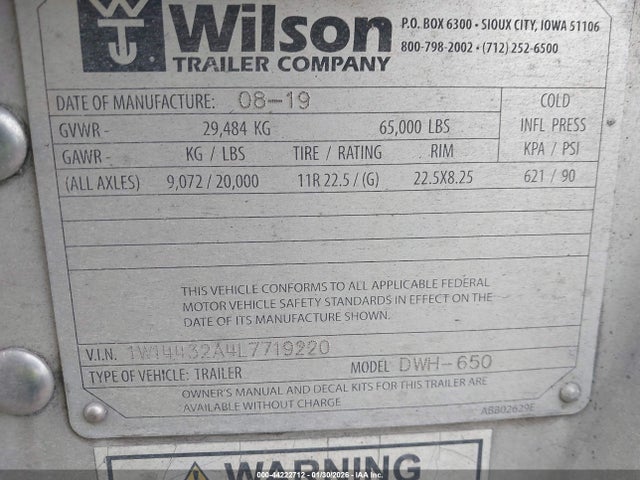 44222712 :رقم المزاد ، 1W14432A4L7719220 vin ، 2020 Wilson Trailer Co Grain Trailer مزاد بيع
