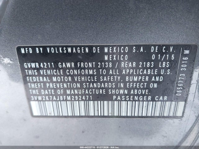 3VW2K7AJ8FM292471 Volkswagen Jetta 2.0l S