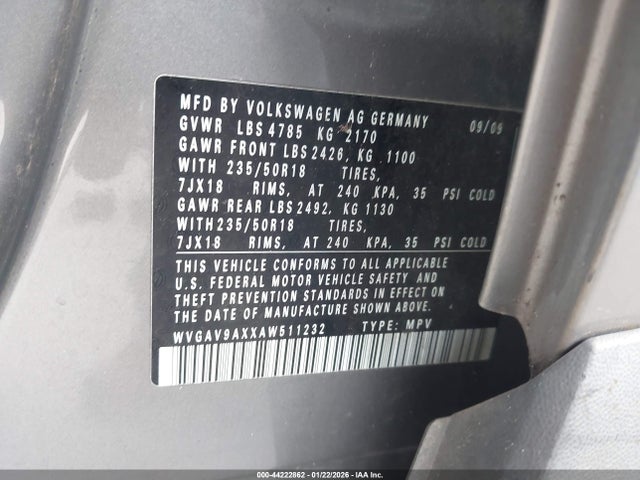 Продаж на аукціоні авто 2010 Volkswagen Tiguan Sel, vin: WVGAV9AXXAW511232, номер лоту: 44222862
