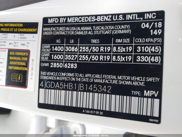 44222865 :رقم المزاد ، 4JGDA5HB1JB145342 vin ، 2018 Mercedes-benz Gle 350 4matic مزاد بيع